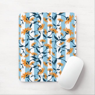 Orange Daisy Navy Vine Aqua Blue Stripe Pattern Mouse Pad