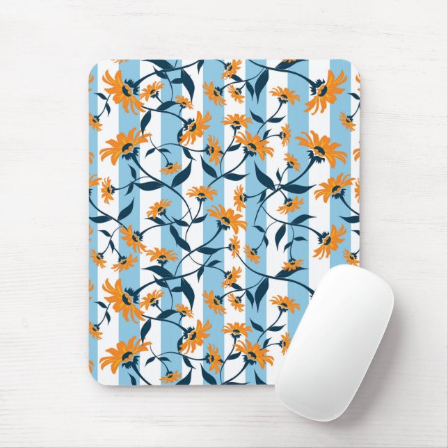 Orange Daisy Navy Vine Aqua Blue Stripe Pattern Mouse Pad (With Mouse)