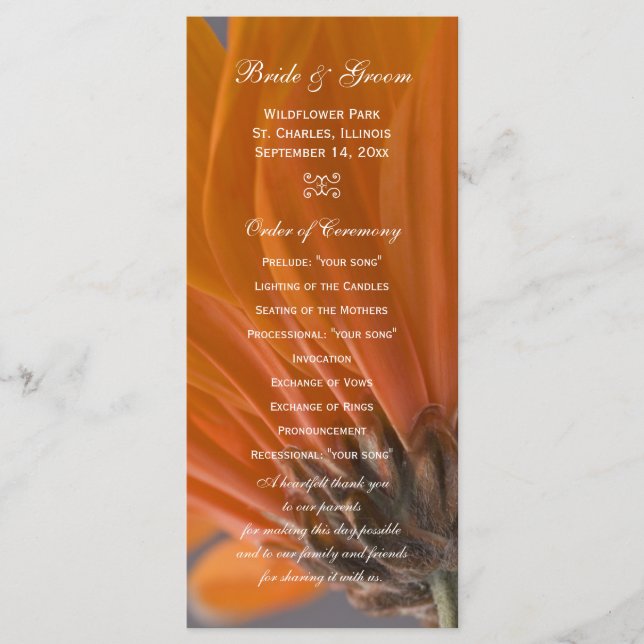 Orange Daisy on Gray Wedding Program (Front)