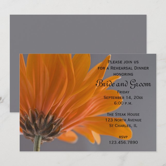 Orange Daisy on Gray Wedding Rehearsal Dinner Invitation (Front/Back)