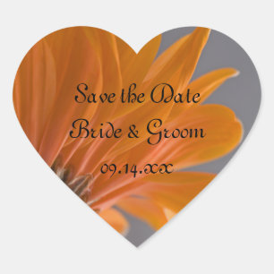 Orange Daisy on Gray Wedding Save the Date Heart Sticker