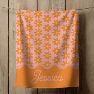 Orange Daisy Pattern on Pastel Pink with Name Girl Baby Blanket