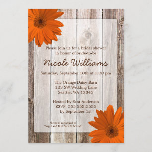 Orange Daisy Rustic Barn Wood Bridal Shower Invitation