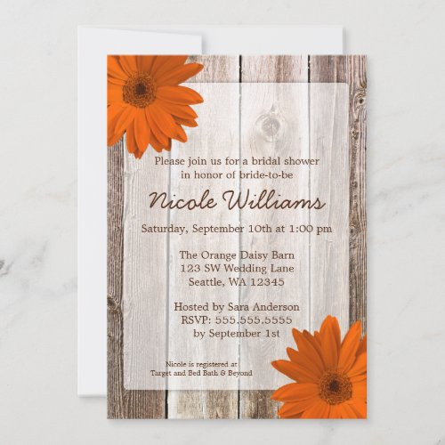 Orange Daisy Rustic Barn Wood Bridal Shower Personalized Invite