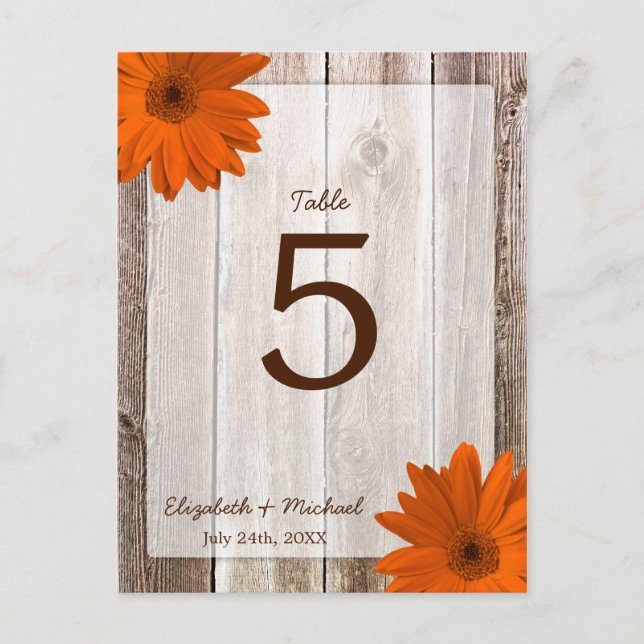 Orange Daisy Rustic Barn Wood Wedding Table Number (Front)