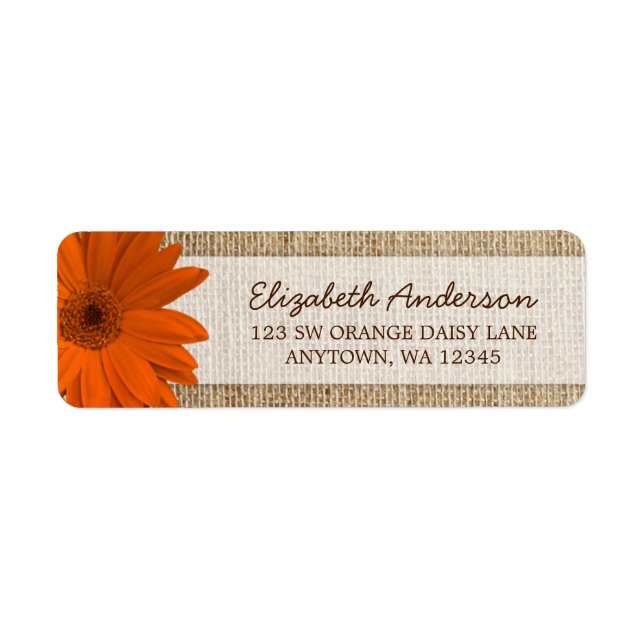 Orange Daisy Rustic Burlap Address Label (Front)