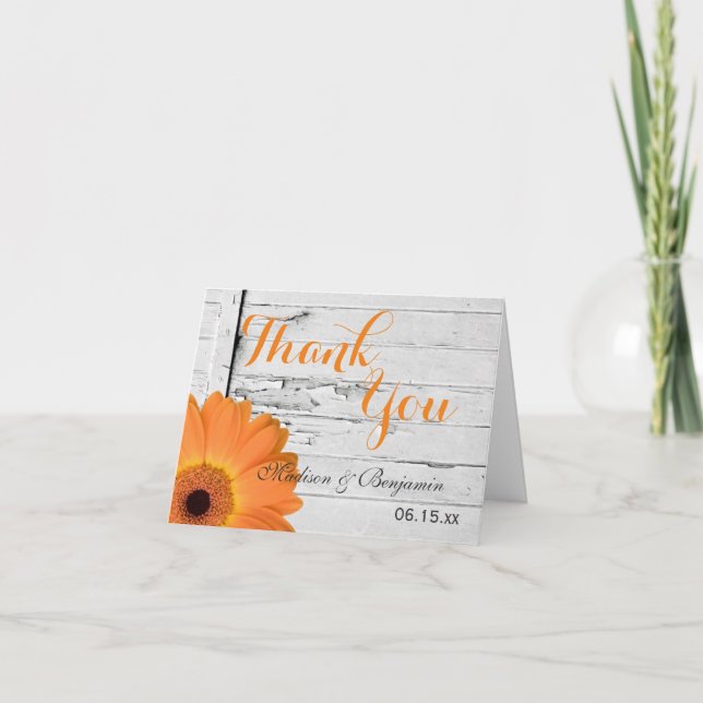 Orange Daisy Rustic Wedding Thank You Cards (Front)