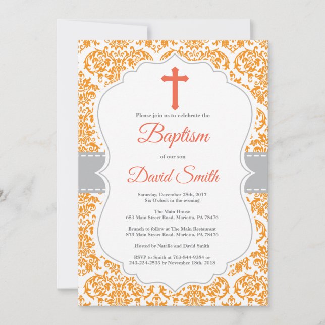 Orange Damask Cross Baptism Invitation (Front)