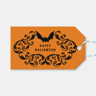 Orange Damask Glam Bats and Spider Happy Halloween Gift Tags