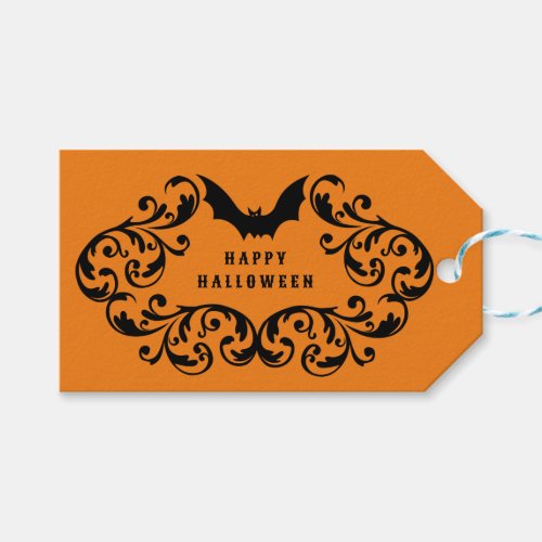Orange Damask Glam Bats and Spider Happy Halloween Gift Tags