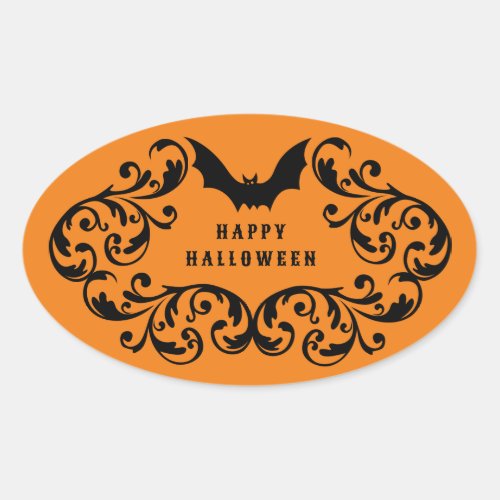 Orange Damask Glam Bats and Spider Happy Halloween Oval Sticker