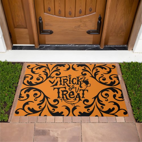 Orange Damask Glam Bats and Spider Trick or Treat Doormat