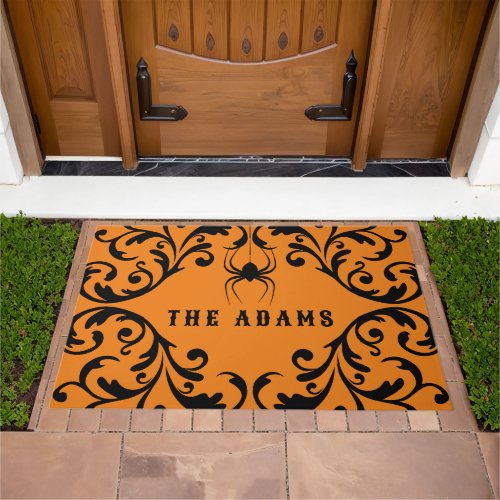 Orange Damask Glam Spider  Personalized Doormat