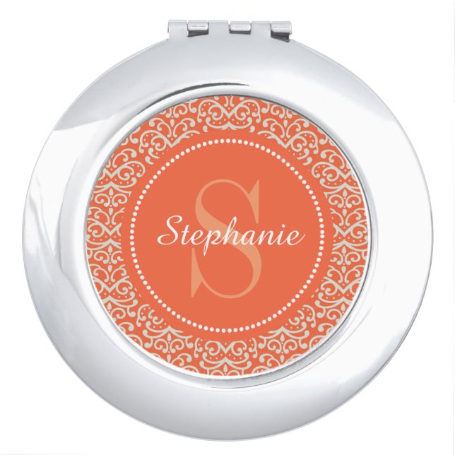 Orange Damask Monogram Personalized Compact Mirror (Front)
