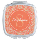 Orange Damask Monogram Personalized Compact Mirror