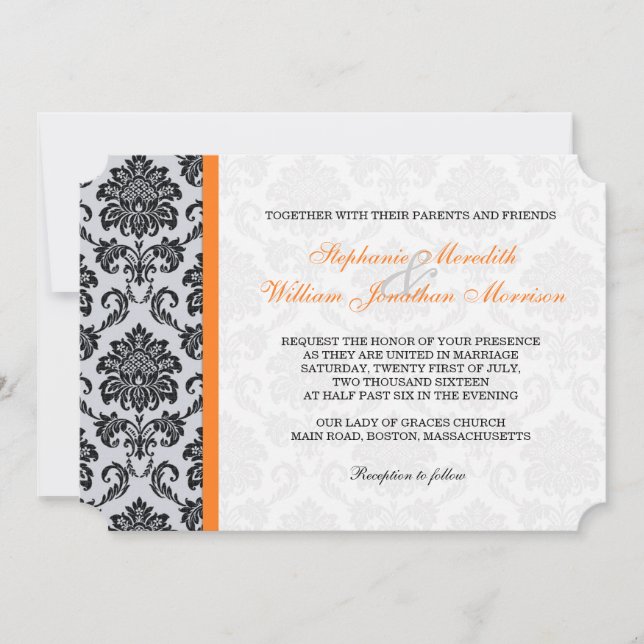 Orange Damask Monogram Wedding Invitation (Front)