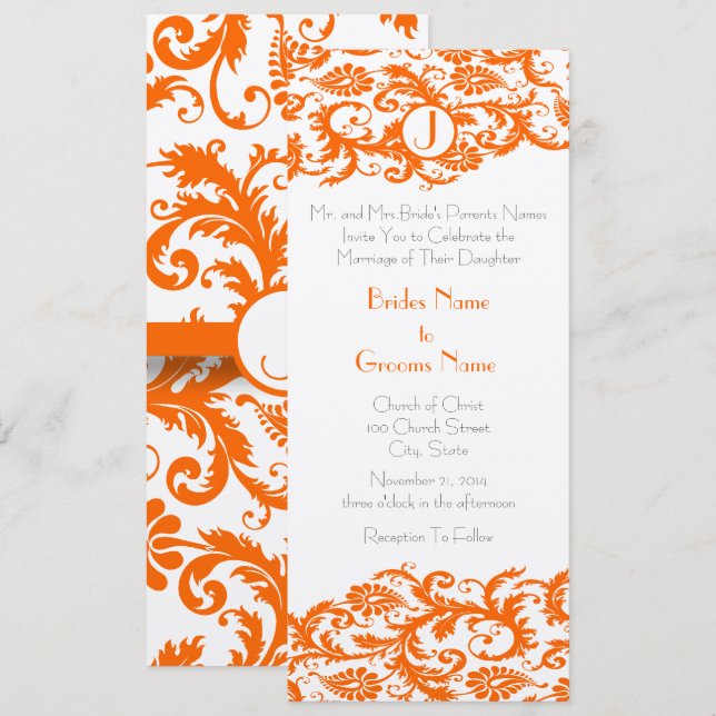 Orange Damask Monogram Wedding Invitation (Front/Back)