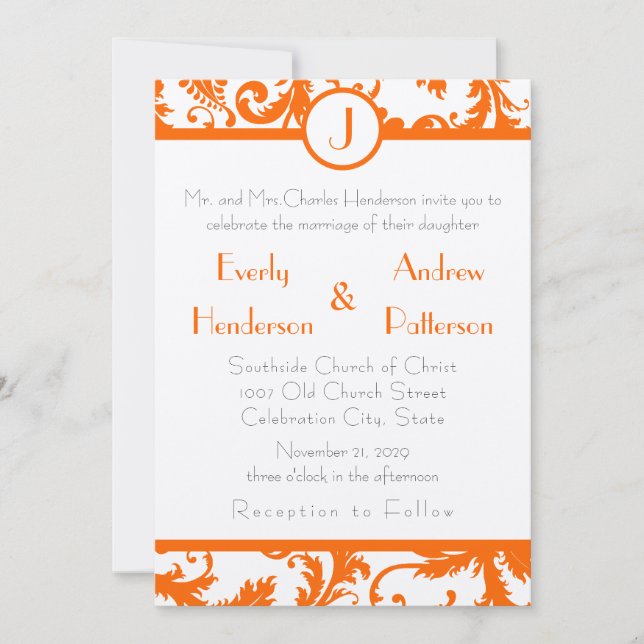 Orange Damask Monogram Wedding Invitation (Front)