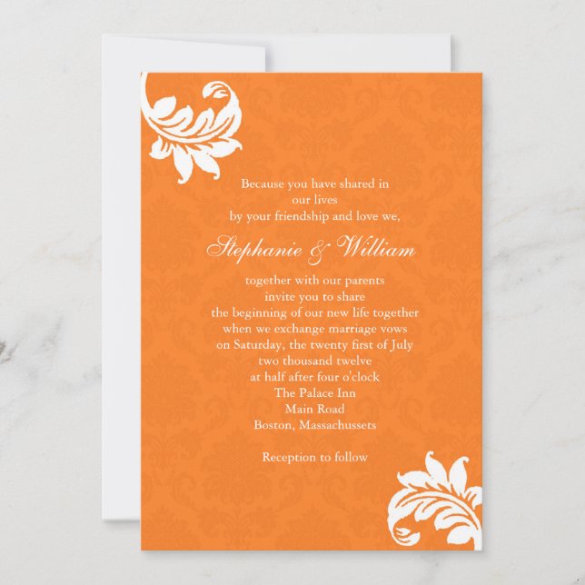 Orange Damask Monogram Wedding Invitation (Front)