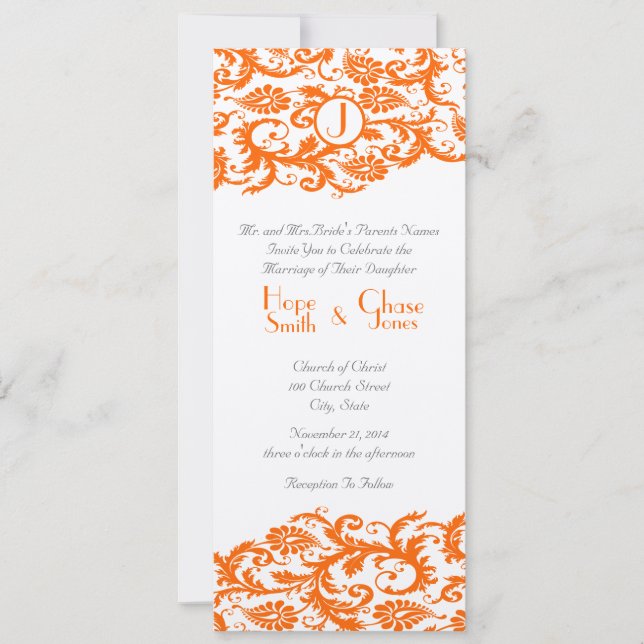 Orange Damask Monogram Wedding Invitation (Front)