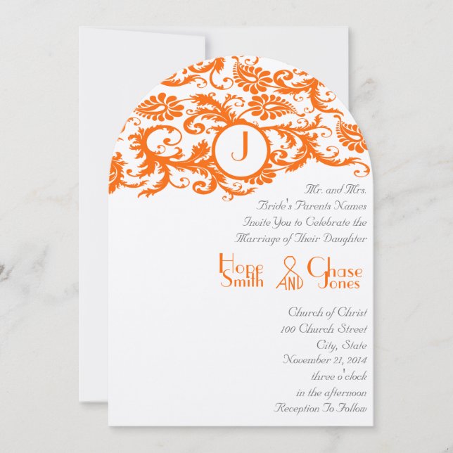 Orange Damask Monogram Wedding Invitation (Front)