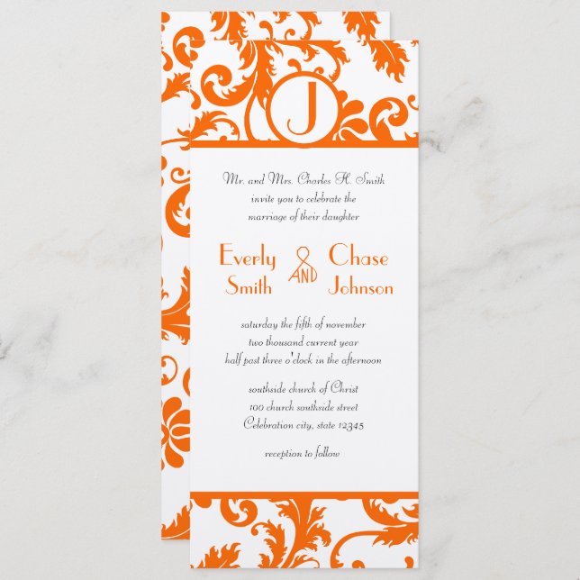 Orange Damask Monogram Wedding Invitation (Front/Back)