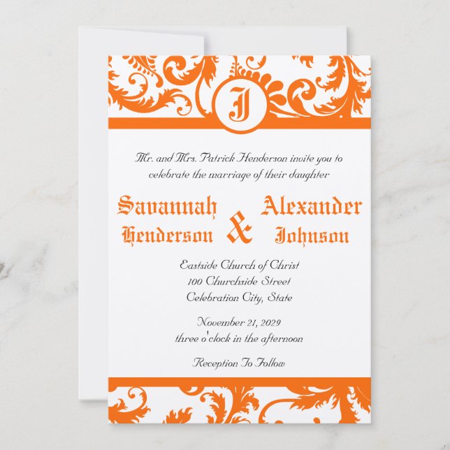 Orange Damask Monogram Wedding Invitation (Front)