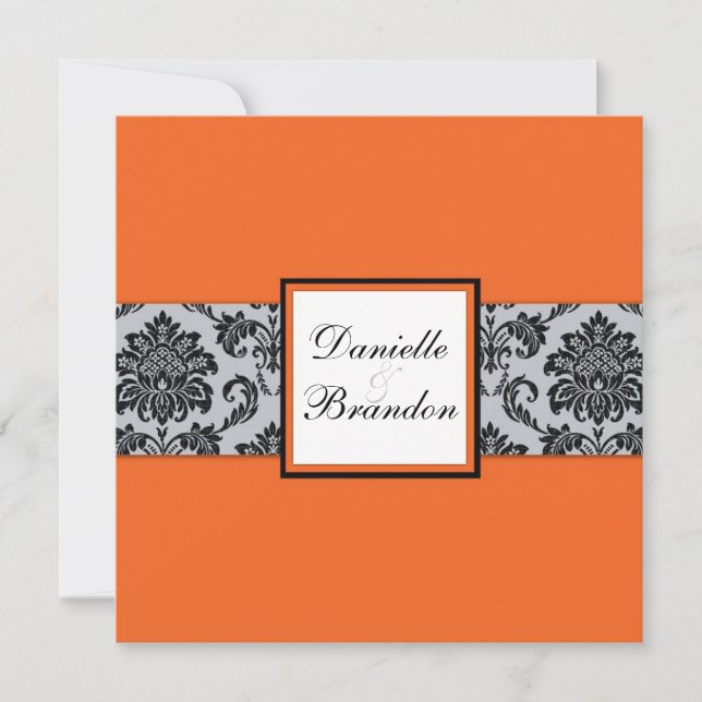 Orange Damask Monogram Wedding Invitation (Front)