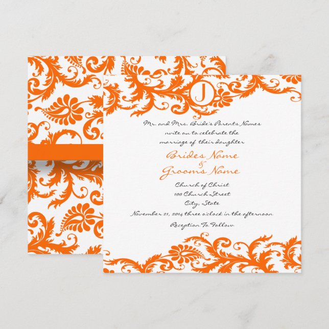 Orange Damask Monogram Wedding Invitation (Front/Back)