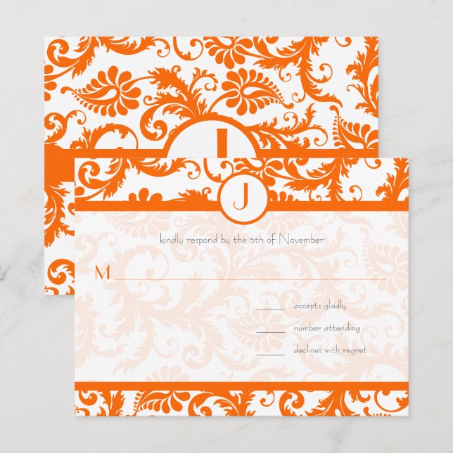 Orange Damask Monogram Wedding Invitation (Front/Back)