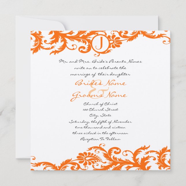 Orange Damask Monogram Wedding Invitation (Front)
