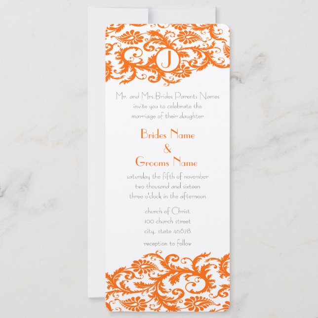 Orange Damask Monogram Wedding Invitation (Front)