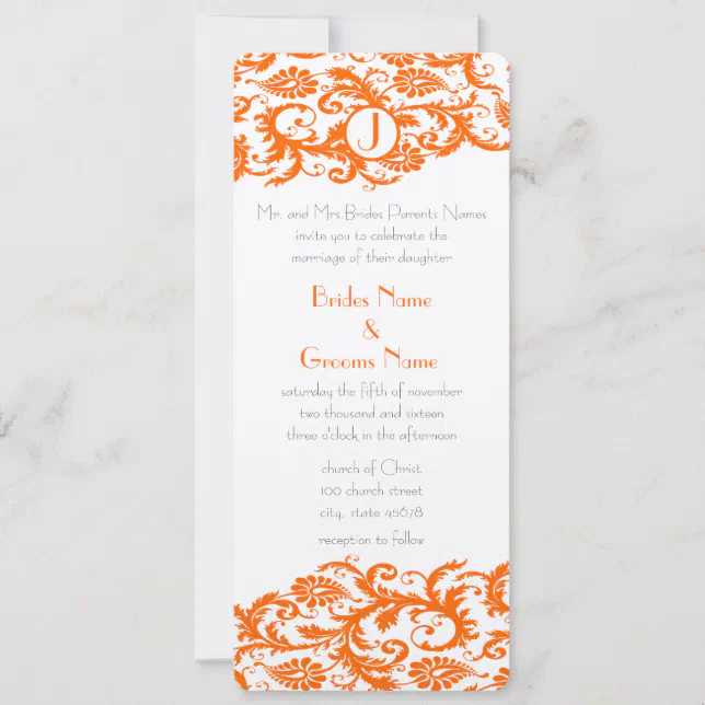 Orange Damask Monogram Wedding Invitation | Zazzle