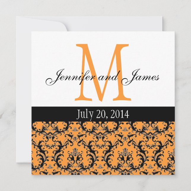 Orange Damask Monogram Wedding Invitation 3 (Front)