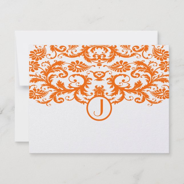 Orange Damask Monogram Wedding RSVP Cards (Front)