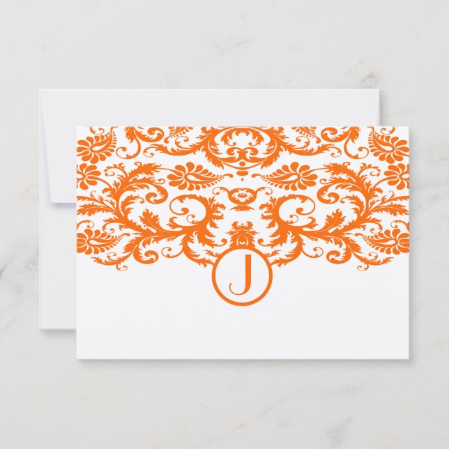 Orange Damask Monogram Wedding RSVP Cards (Front)