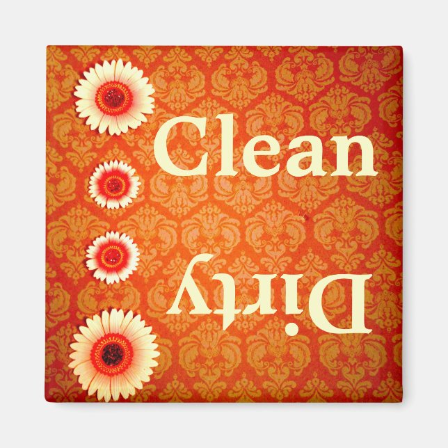 Orange Damask Pink Daisies Clean Dirty Magnet (Front)