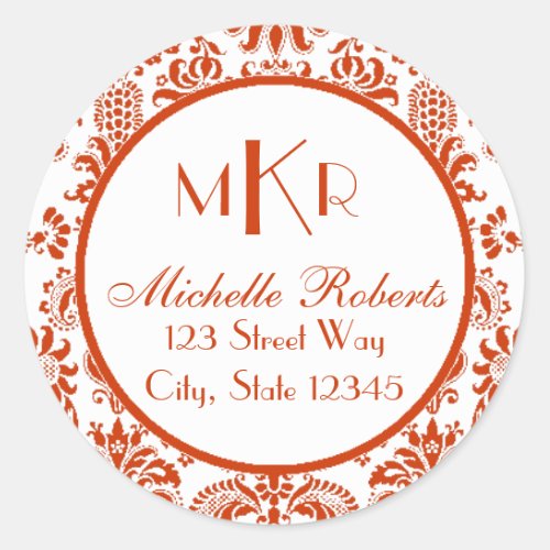 Orange Damask Round Return Address Label