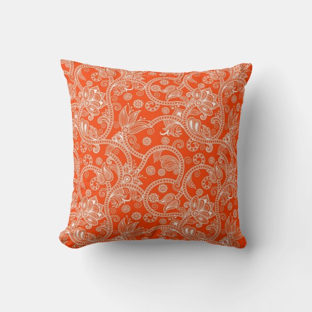Orange Damask Swirl Pattern Throw Pillow (Front)