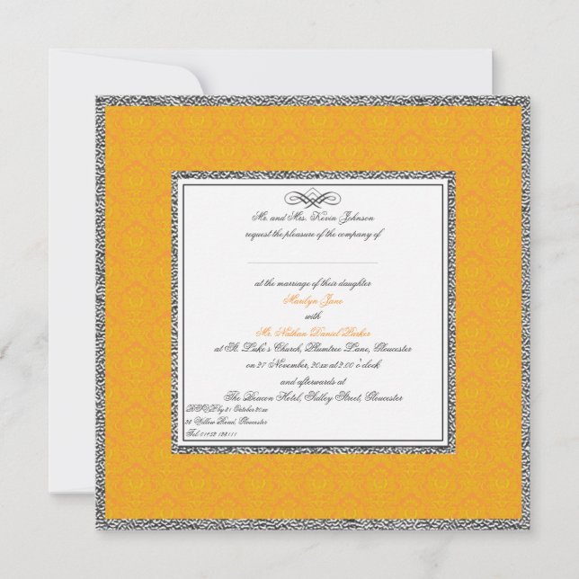 Orange Damask with Pewter U.K. Wedding Invitation (Front)