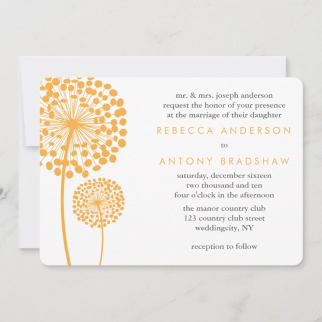Orange Dandelion Wishes Wedding Invitation (Front)