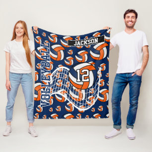 Orange, Dark Blue and White Volleyball Pattern Fleece Blanket