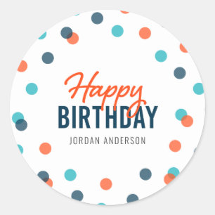 Orange Dark Blue Confetti Happy Birthday Classic Round Sticker