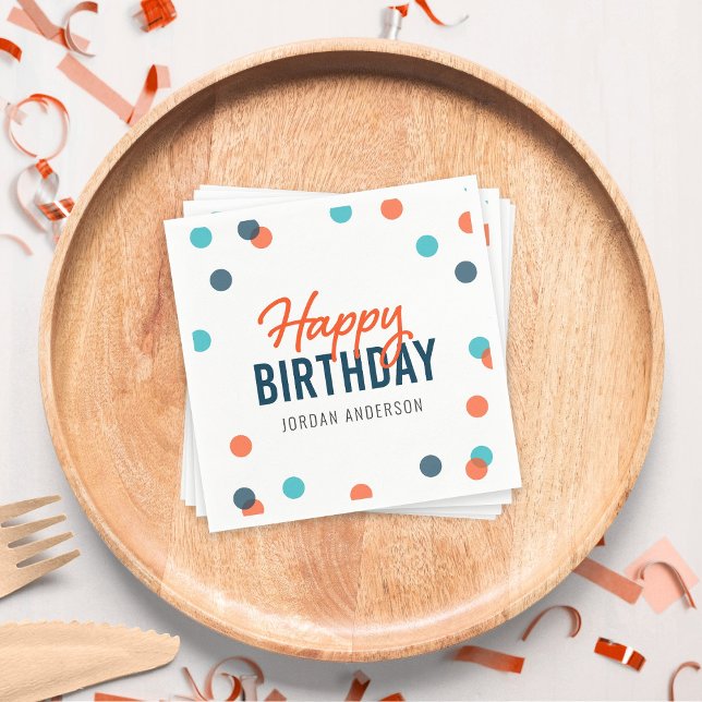 Orange Dark Blue Confetti Happy Birthday Napkins (Creator Uploaded)