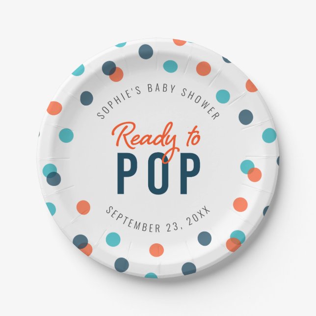 Orange Dark Blue Confetti Ready to Pop Baby Shower Paper Plates (Front)