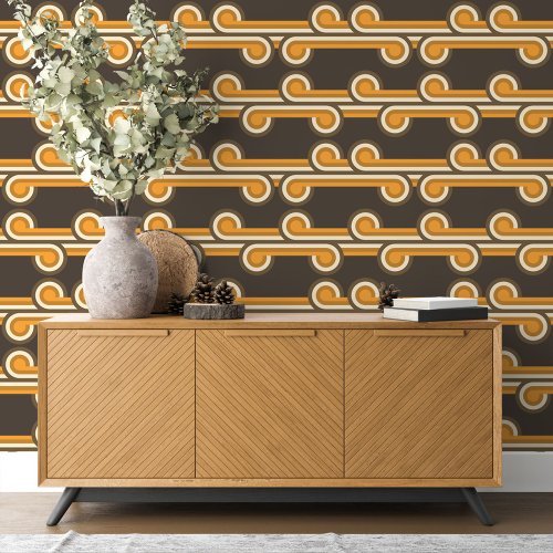 Orange Dark Brown Ivory Circles Wavy Lines Pattern Wallpaper