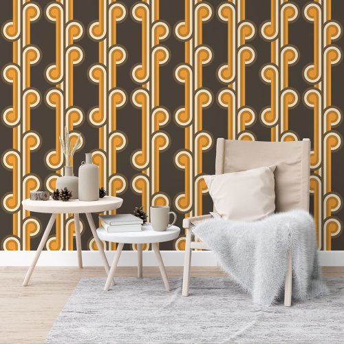 Orange Dark Brown Ivory Circles Wavy Lines Pattern Wallpaper