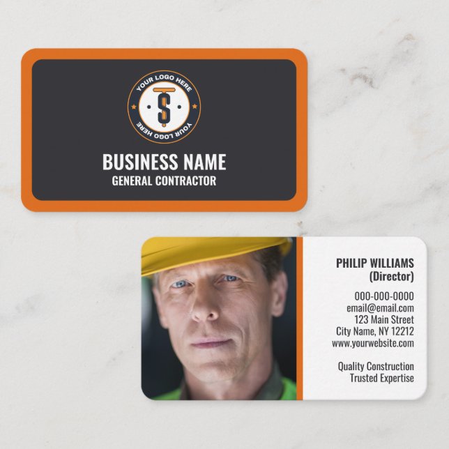 Orange Dark Gray Business Logo General Contractor Business Card (Front/Back)