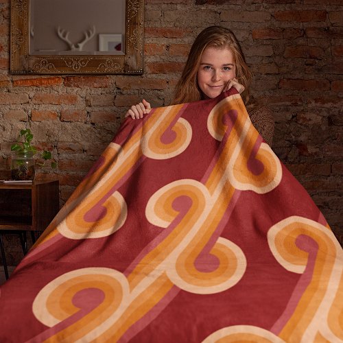 Orange Dark Maroon Red Retro Circles Art Pattern Fleece Blanket