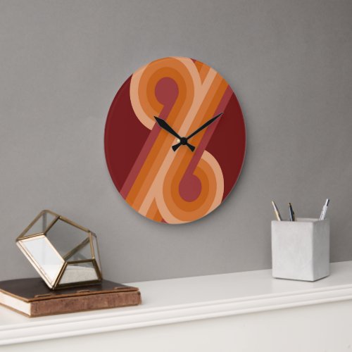 Orange Dark Maroon Red Retro Circles Art Pattern Large Clock